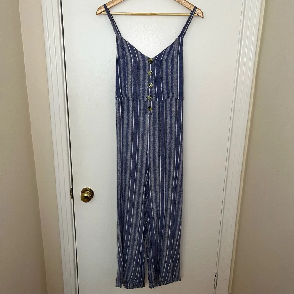 Blue Boho Striped Linen Jumpsuit - Picture 6 of 13